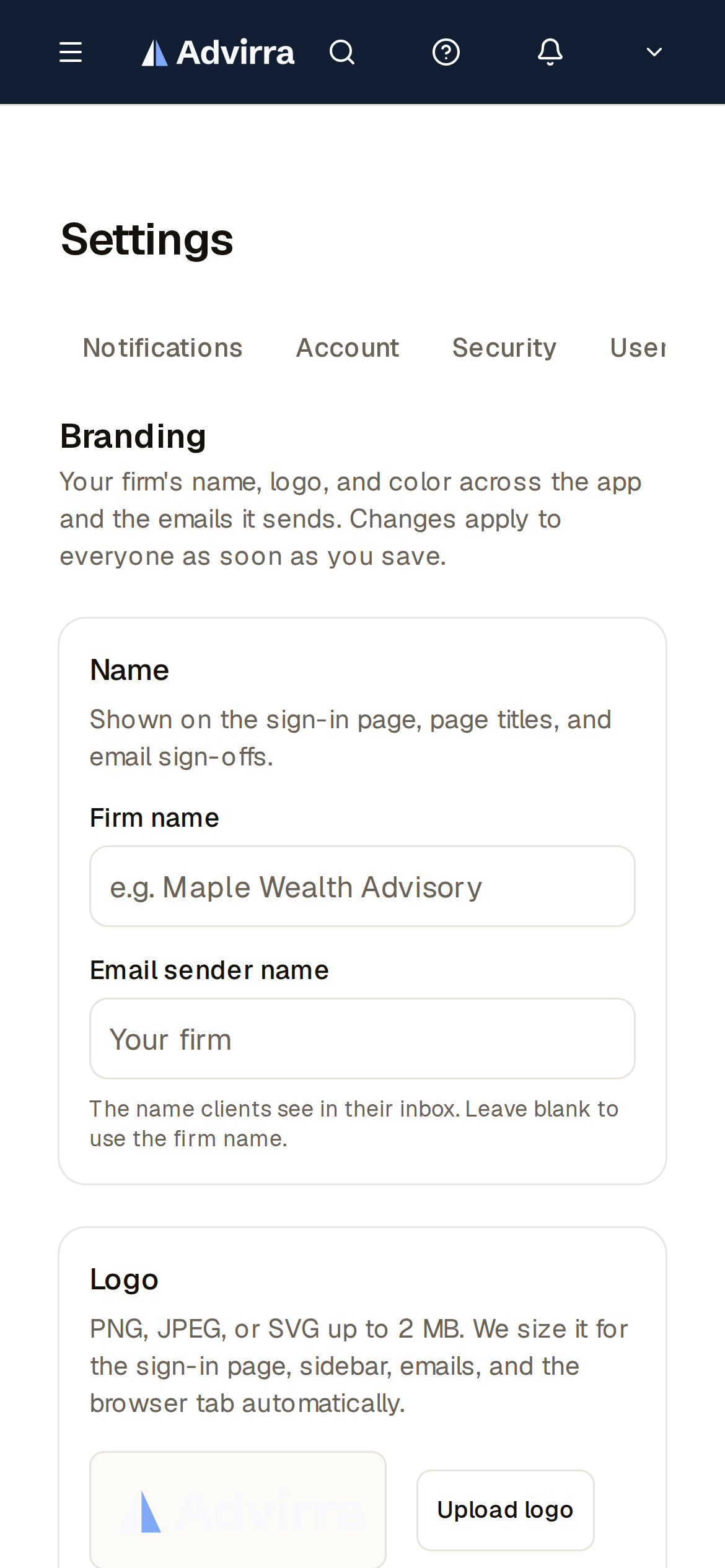 Branding settings — your logo, colours, and email identity applied across the CRM. (mobile)
