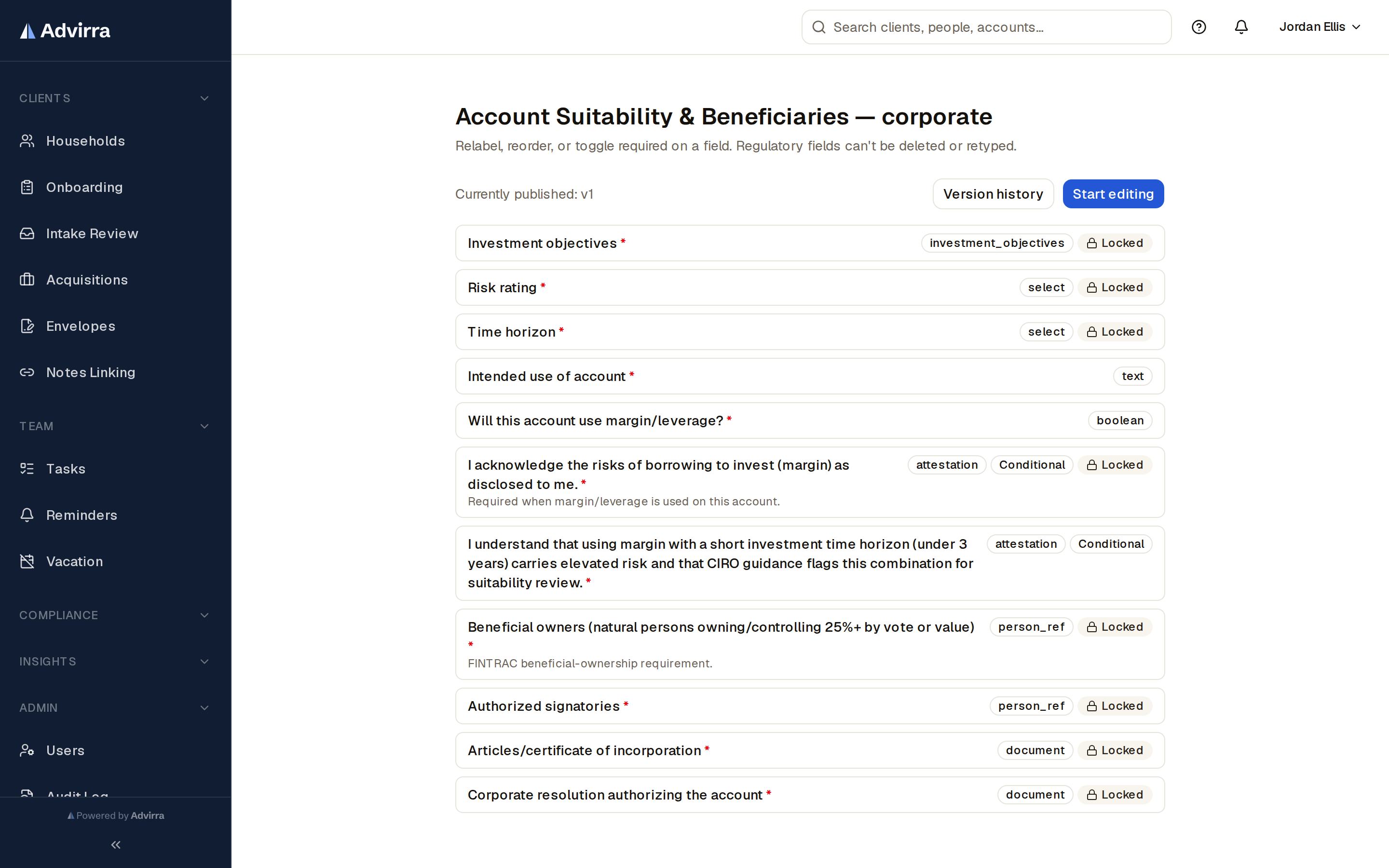 The form builder — edit, preview, and publish intake and custom forms without code.